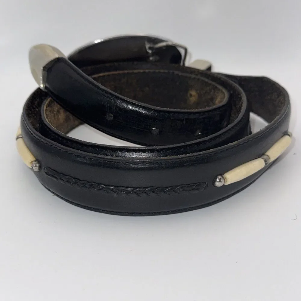 Onyx By Brighton Mens Black Beaded Leather Belt Silver Tone Size 36